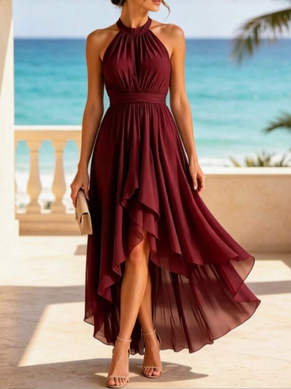 NWT Maroon High Low Halter Dress